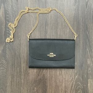 Coach Black Leather Clutch with Gold Chain
